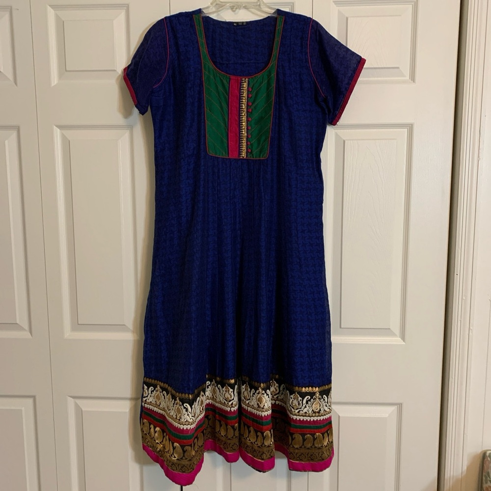 Women’s XL Traditional Indian Blue Multicolor Fit & Flare Midi Dress.   M1